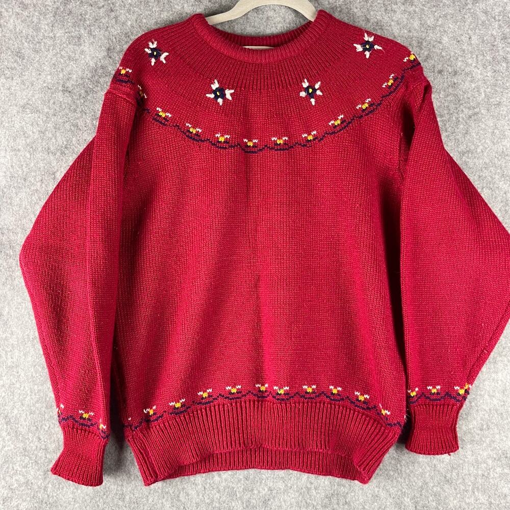 Vintage Parcours by Tan Jay Sweater Womens Large Red Floral Grandma 80s